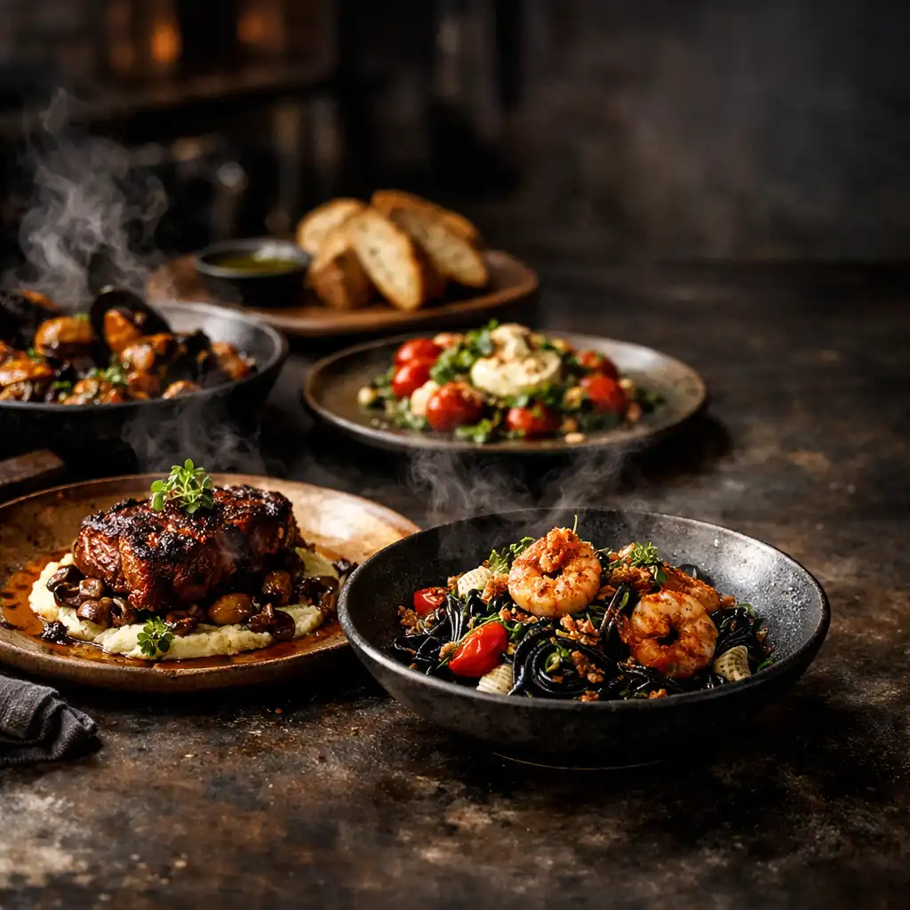 Ipari környezetben tálalt gourmet ételek